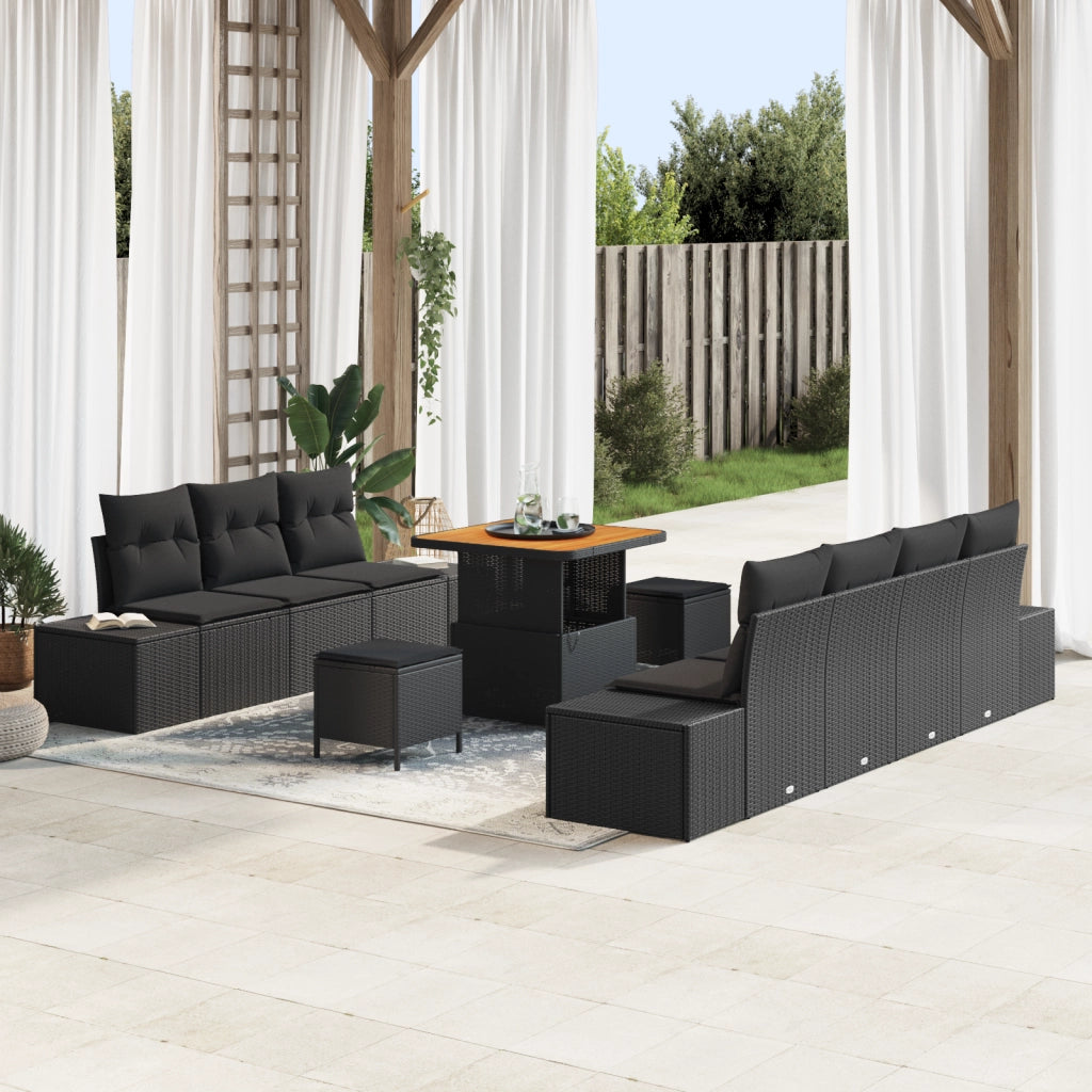 Set di divani da giardino da 10 pezzi con cuscini in polyrattan nero e acacia