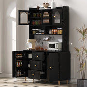 Credenza alta con pannello forato, 3 cassetti e ripiani regolabili, per cucina, in MDF nero, 120 × 40 × 190 cm