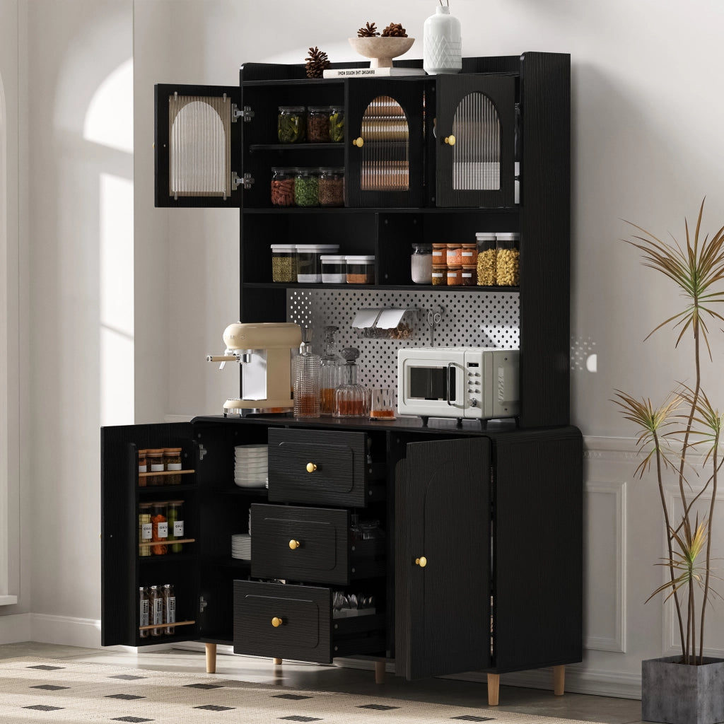 Credenza alta con pannello forato, 3 cassetti e ripiani regolabili, per cucina, in MDF nero, 120 × 40 × 190 cm