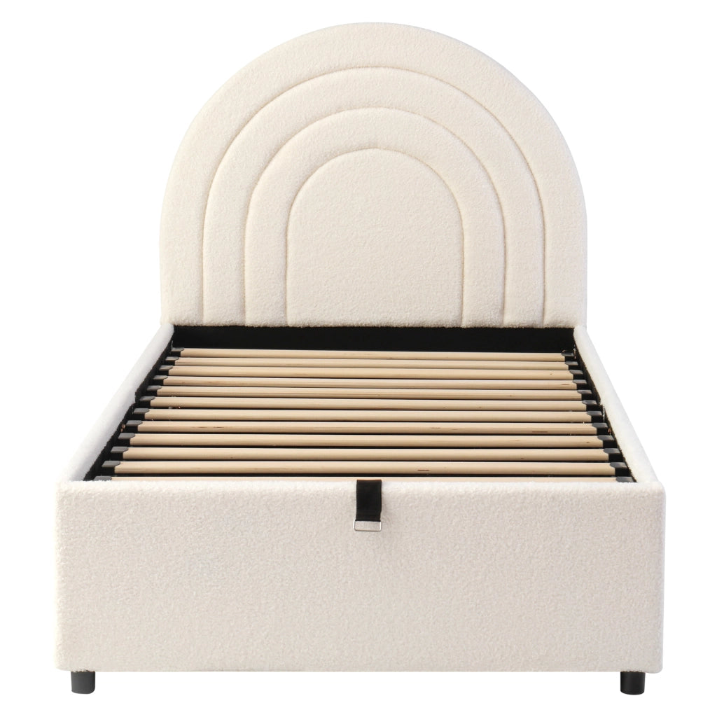 Letto imbottito 90x200 cm in bouclé beige con contenitore idraulico e testiera imbottita