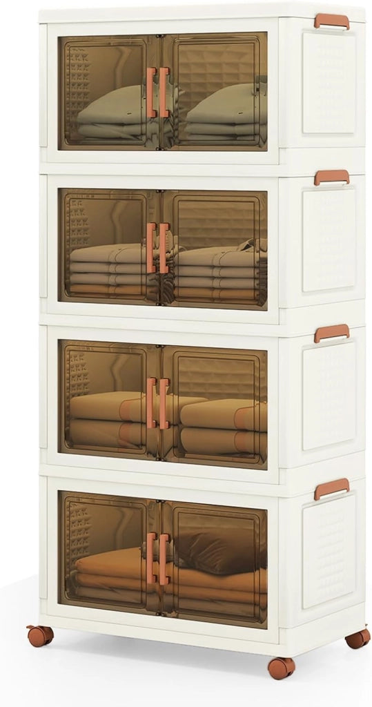 Contenitore di Archiviazione in Plastica, Organizzatore Impilabile con Coperchi e Porte, 4 Ruote, Scatole Organizzatore Pieghevoli per Soggiorno, Camera da Letto (62,5 x 34,5 x 130,5 cm)