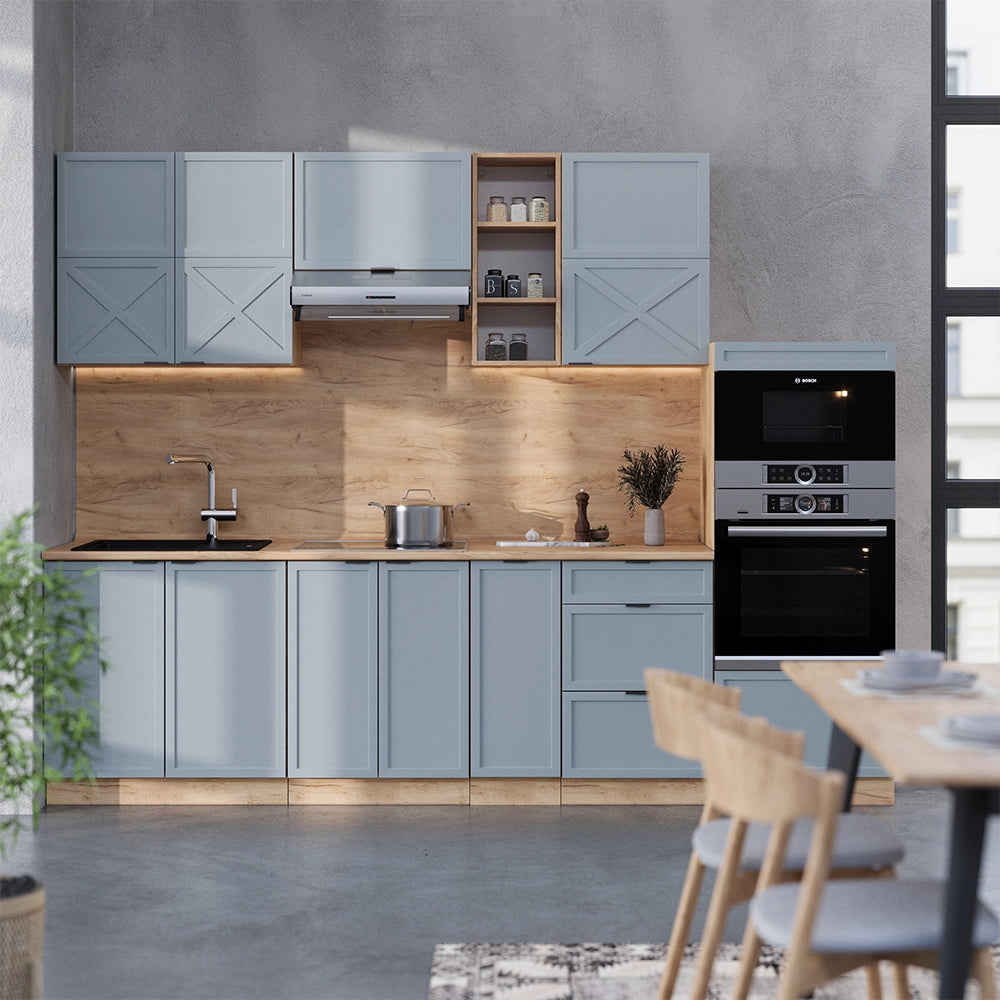 Cucina componibile Fame-Line Blu-grigio chiaro/Rovere dorato 280 cm, PL Antracite Vicco