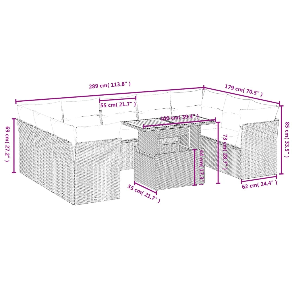 Set Divano da Giardino 10 pz con Cuscini Beige in Polyrattan