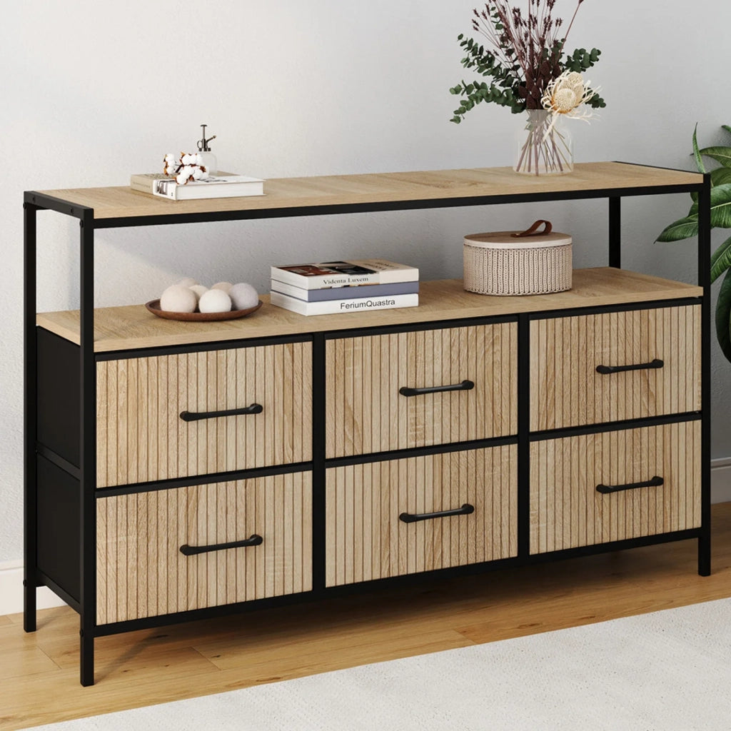 IDMarket - UTAH 115 CM Cassettiera in tessuto a 6 cassetti con effetto doghe in nicchia, mobile contenitore di design industriale