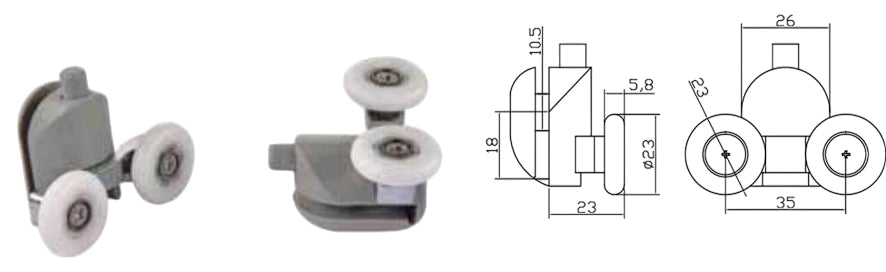 Coppia Cuscinetti Doppia Ruota Attacco Inferiore Box Doccia – Nylon Grigio Ø23 mm – Foro Vetro 12 mm
