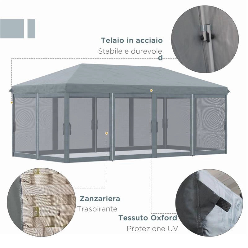 GAZEBO DA GIARDINO PIEGHEVOLE 6X3 M CON 6 ZANZARIERE E PULSANTE IN ACCIAIO E POLIESTERE GRIGIO