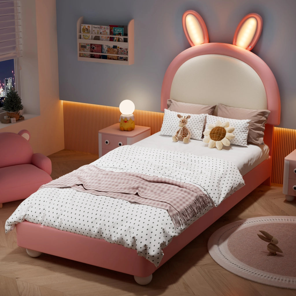 Letto per bambini 90 × 200 cm con testiera a coniglio, LED, bordo anticolpo morbido, senza materasso, rosa