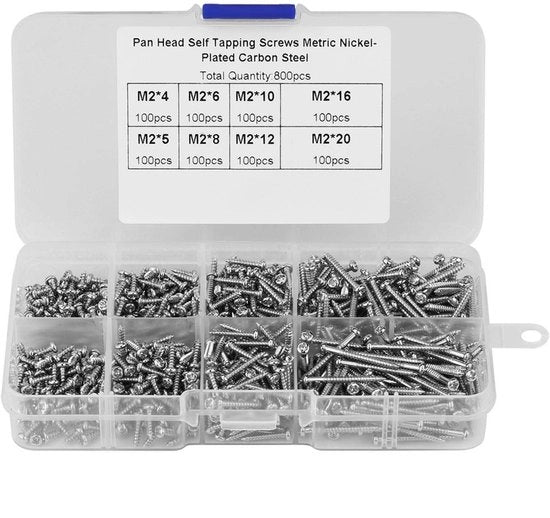 Viti autoalimentanti 800 pezzi - M2 4/5/6/8/10/12/16/20 mm - Acciaio inossidabile verniciato - Scatola 13 x 6,5 x 2,5 cm - Testa piatta per lavorazione del legno