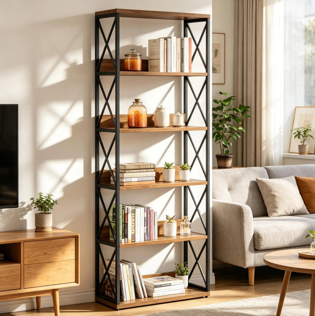 LIBRERIA Industriale 5 Ripiani 178 cm Metallo e Legno Nero/Marrone