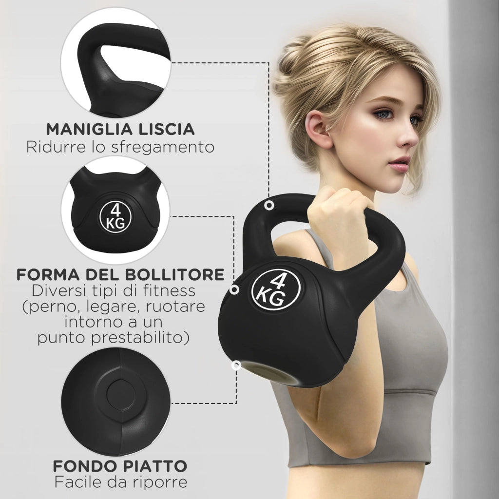 Kettlebell 4 kg ¨C zephmum ¨C Plastica e Sabbia, Base Piatta, Impugnatura, 18x12x20 cm, Nero