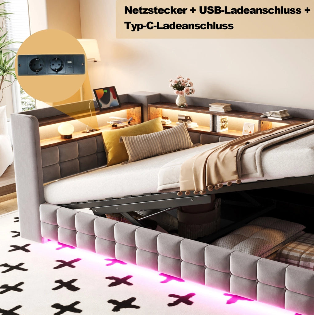 Divano letto imbottito 90x200 cm con LED e ricarica USB-C