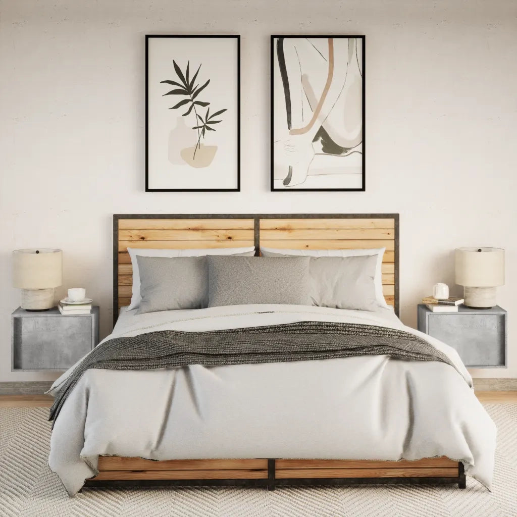 Comodini a Parete con Luci LED 2 pz Grigio Cemento
