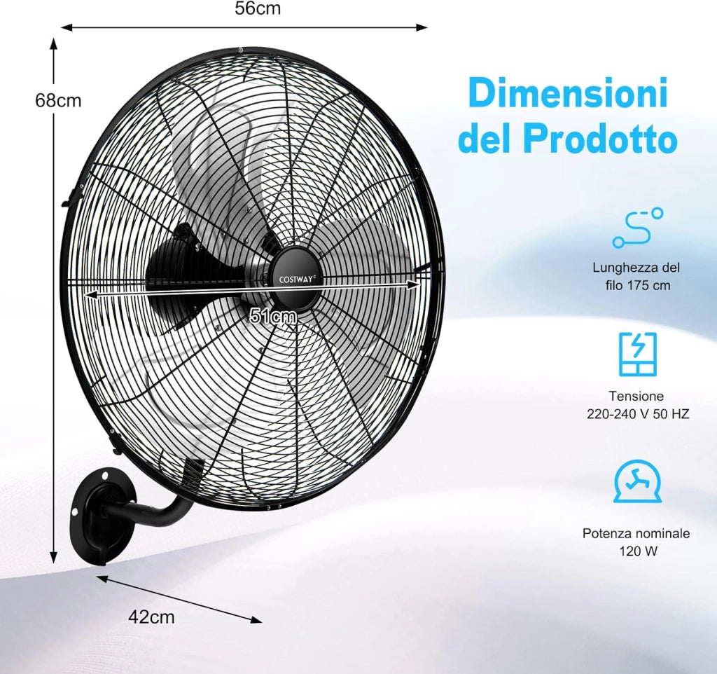 Ventilatore da Parete Girevole a 3 Velocità, Industriale e Silenzioso ad Alta Velocità con Pale in Alluminio, Potenza 120W, Diametro 51 cm (Nero)