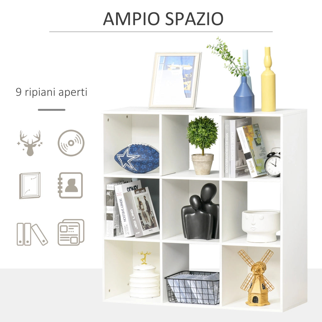 Libreria Bianca per Casa e Ufficio, Scaffale dal Design Moderno con 9 Scomparti in Legno, 91.5 x 29.5 x 91.5 cm