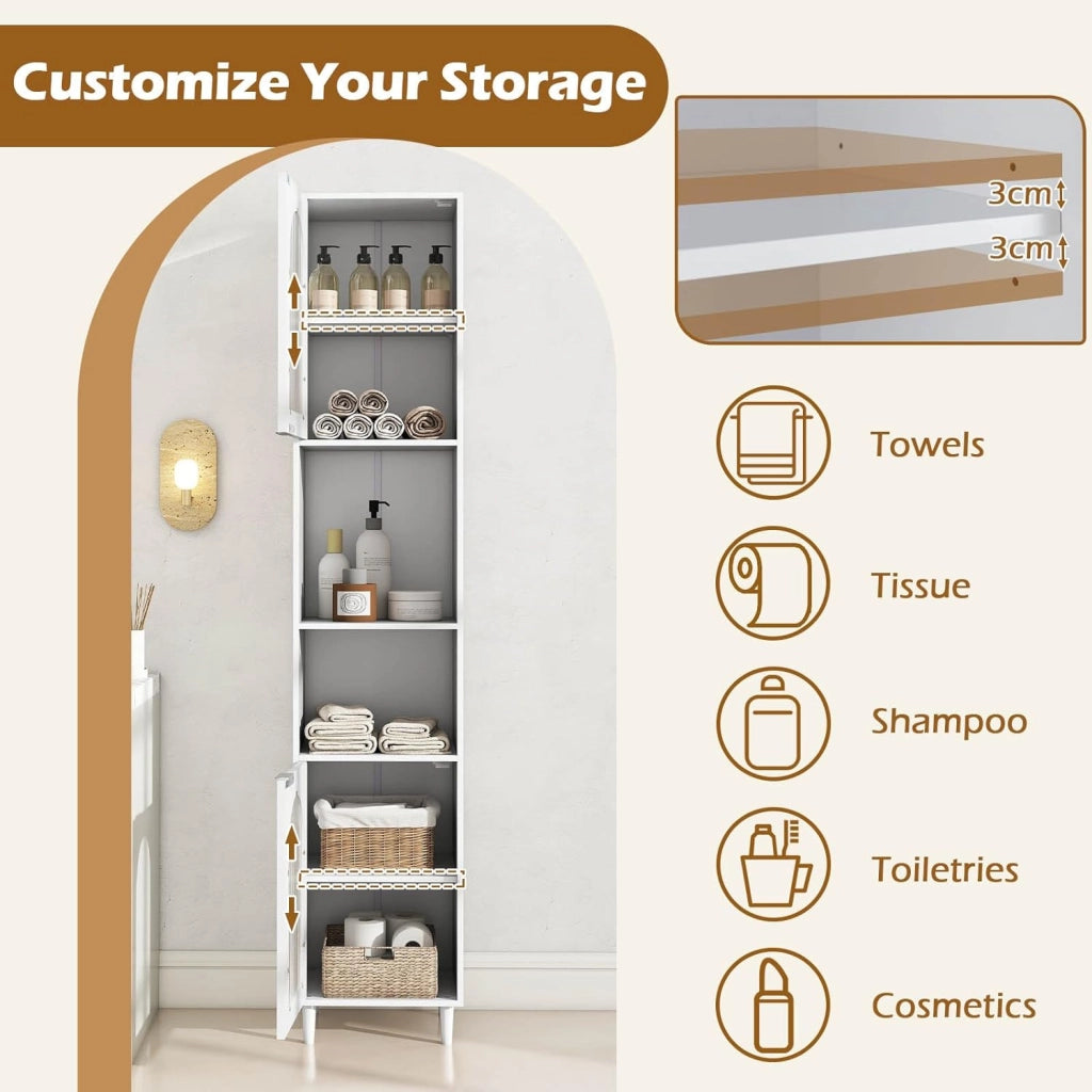Armadio da Bagno a Colonna Autoportante 180 cm, con Ripiani Regolabili, Scomparti Aperti e Ante in Vetro Temperato, Mobile Portaoggetti per Soggiorno e Cucina, Bianco