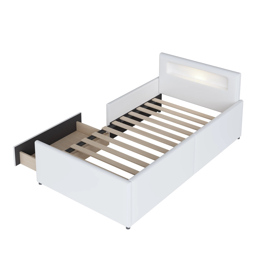 Letto per Bambini Letto Singolo 90 x 200 cm con USB; Luce Notturna e Cassetto; senza Materasso; Bianco