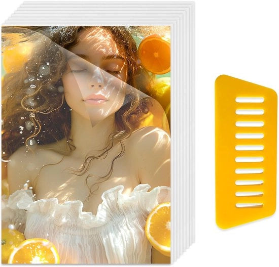 Foglio di laminazione autoadesivo - acqua resistente - trasparente - lucido - 10,4 x 15,4 cm - per biglietti da visita/etichette foto - con contenitore di laminazione