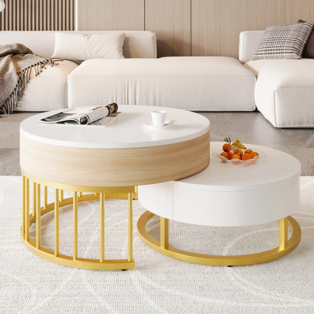 Set di 2 tavolini rotondi a incastro in MDF; piano elevabile; cassetto; bianco e oro