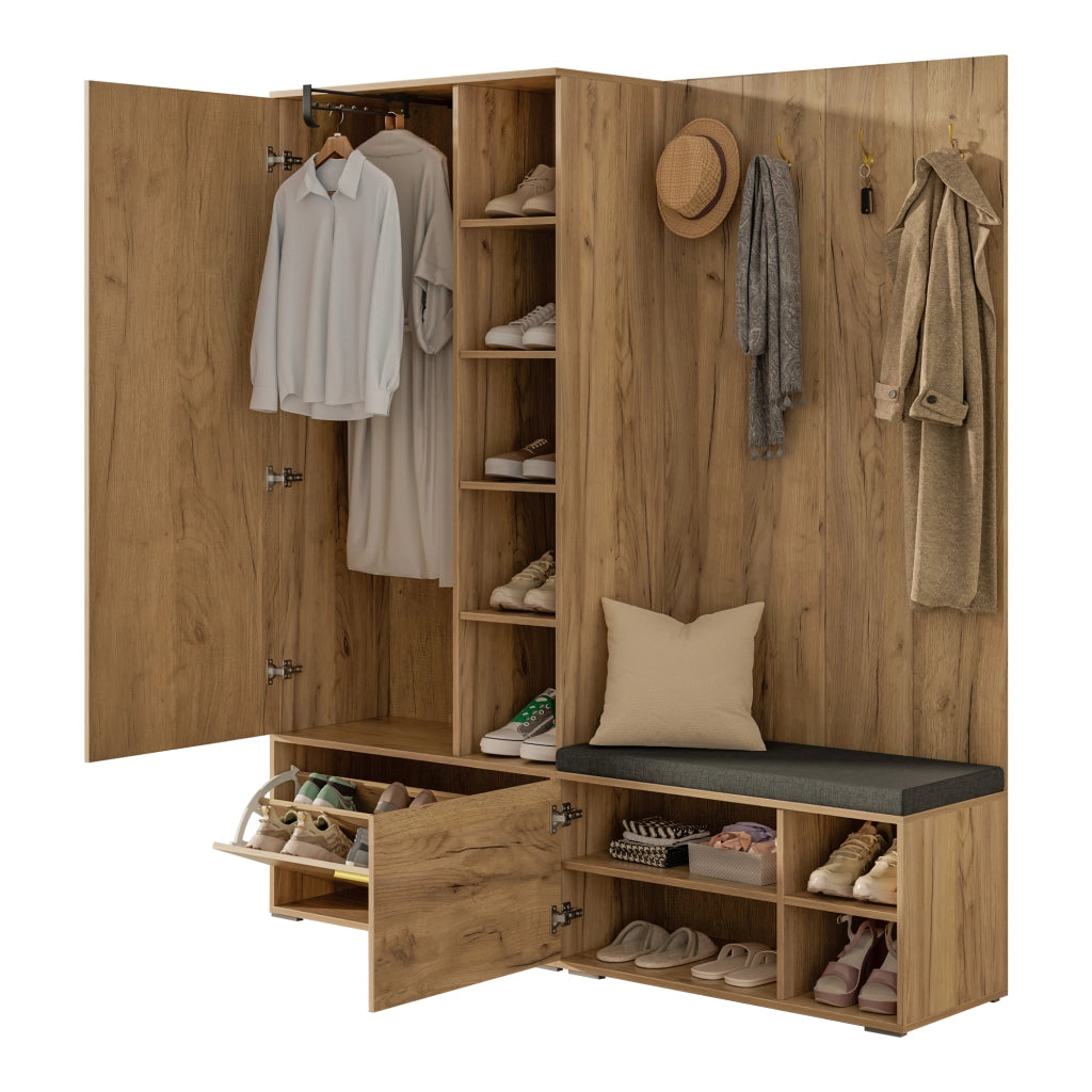 Mobile Ingresso Guardaroba 160×38×180 cm Nero e Legno con Specchio; Scarpiera; Panca e Appendini
