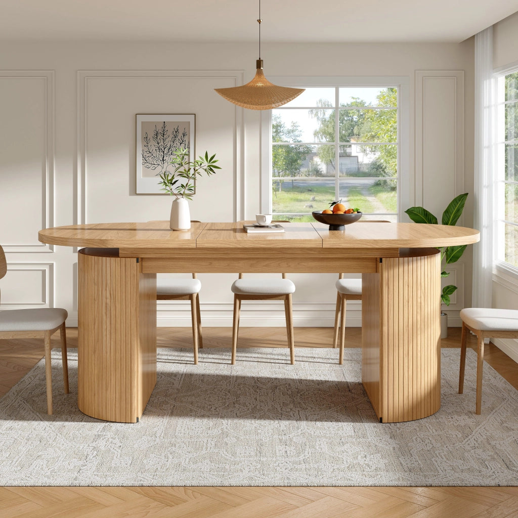 Tavolo da pranzo allungabile, con ripiano portaoggetti, piano rinforzato, in MDF, color legno naturale