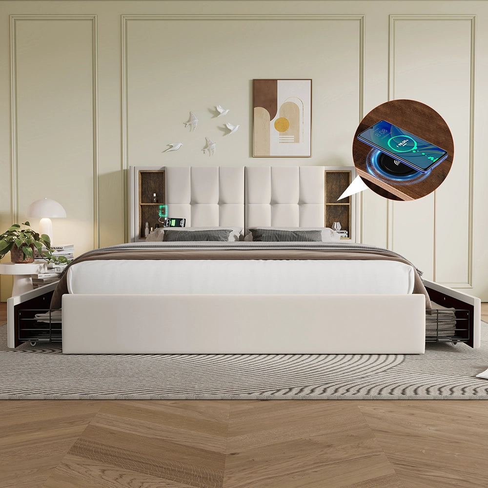 Letto matrimoniale imbottito in velluto beige - Xylo - 160x200 cm - Con 4 cassetti e materasso