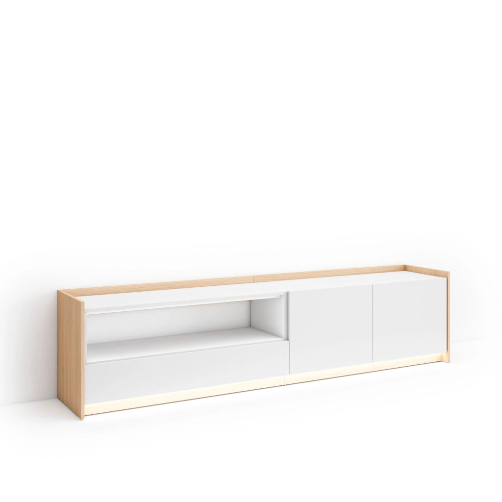 Mobile TV Soggiorno, 207x50x37 cm, Per TV fino a 80", LED, Bianco e Rovere soft