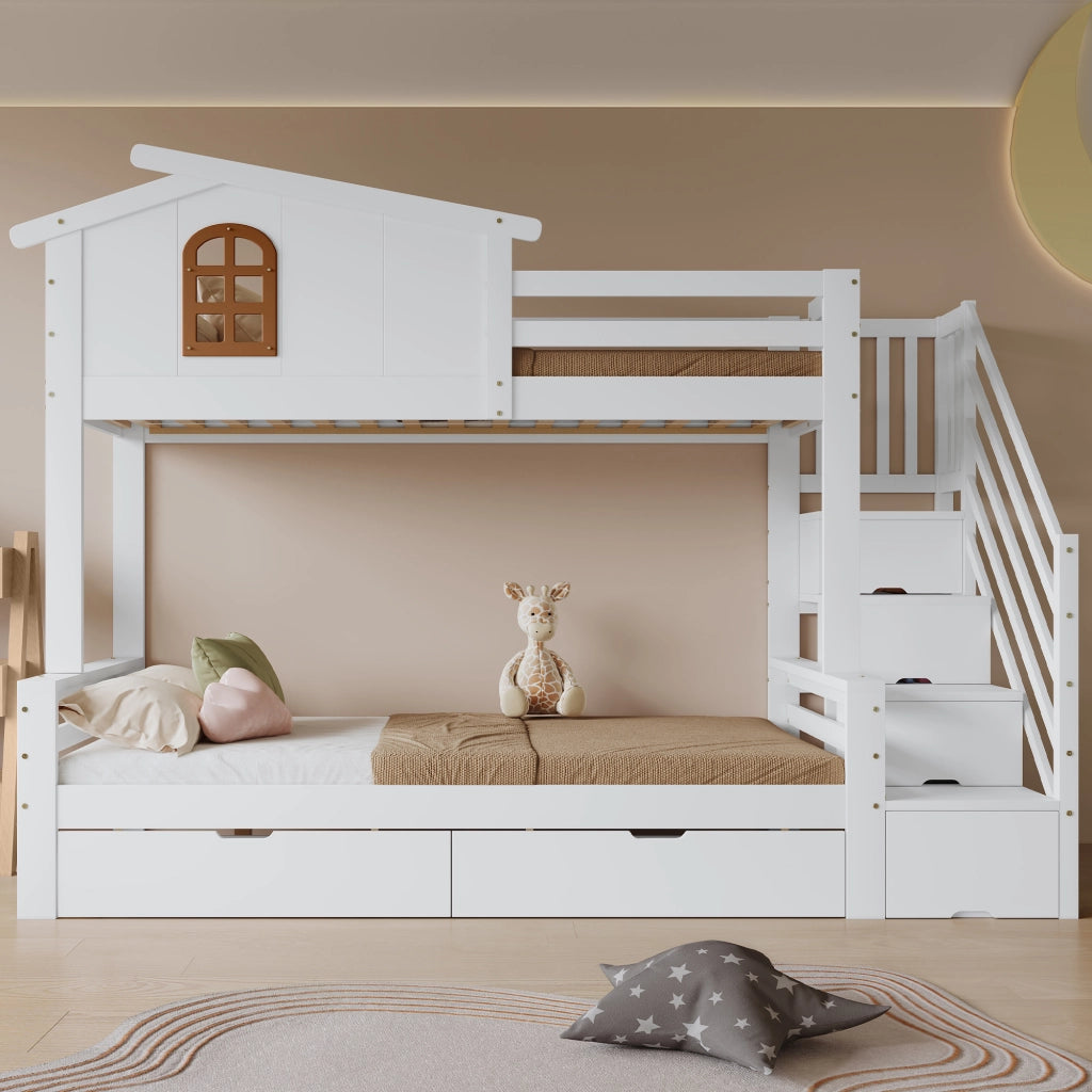 LETTO A CASTELLO Per bambini con 2 cassetti 90x200 cm Bianco/Naturale