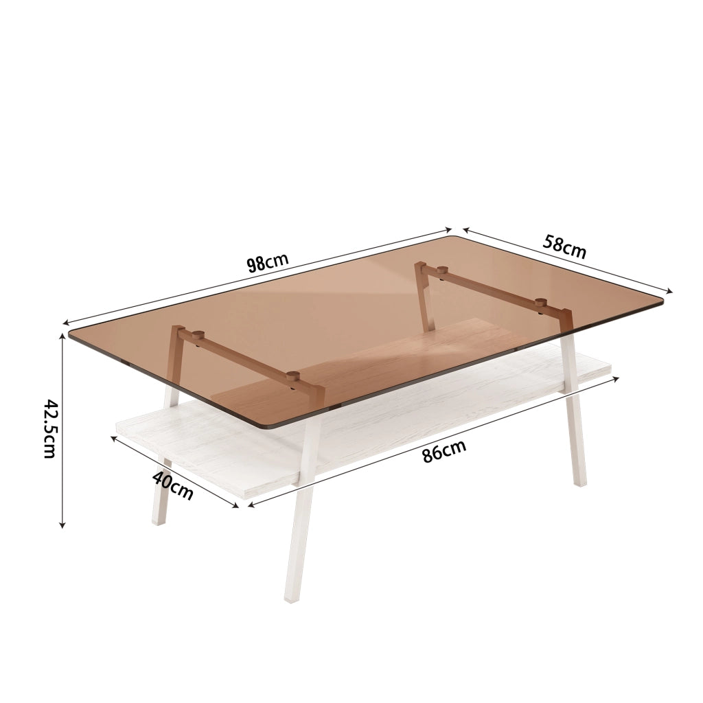 Tavolino basso rettangolare in vetro temperato con gambe in metallo bianco e base in MDF, per soggiorno, 98 × 58 × 42,5 cm
