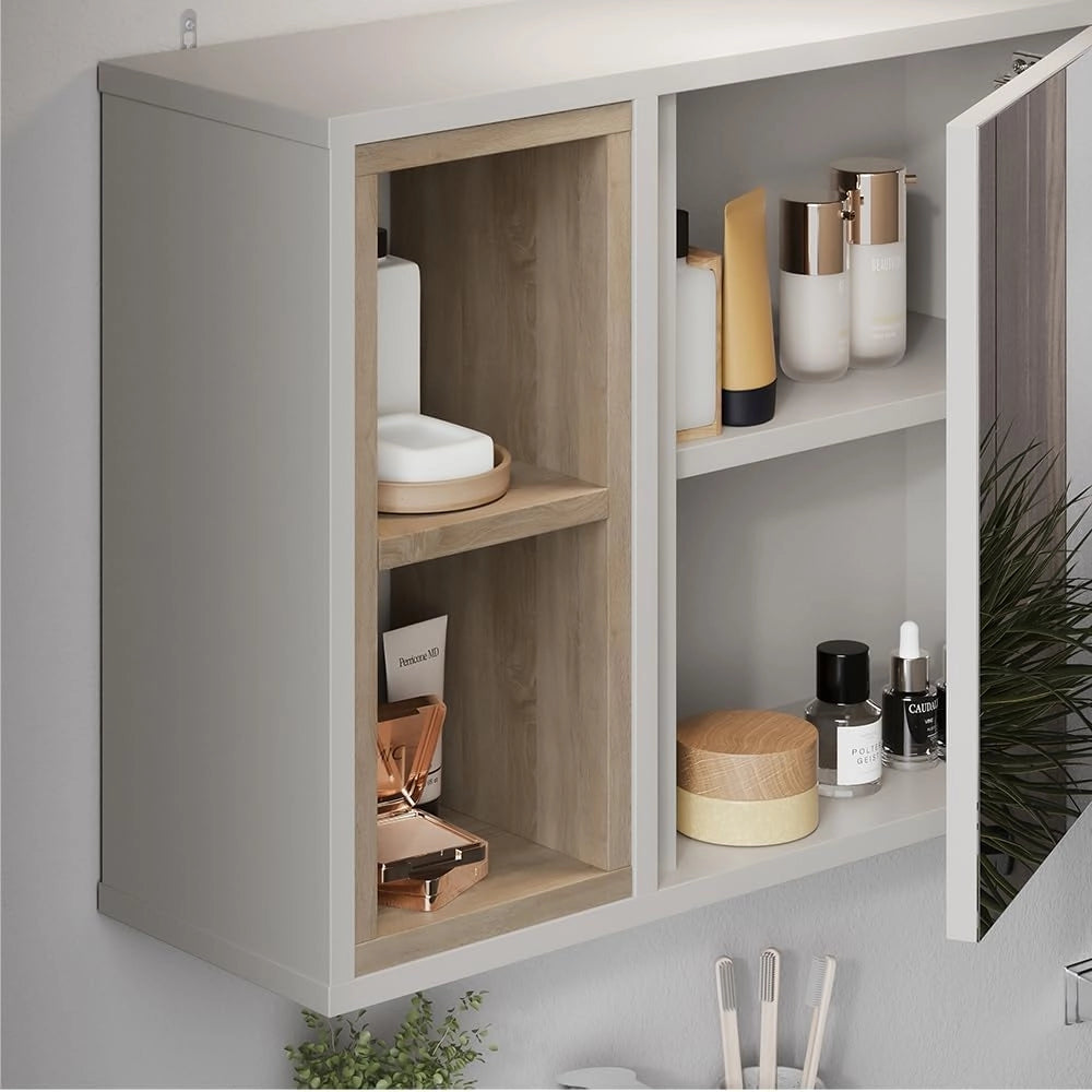 Mobiletto a specchio Elnor, Grigio, con 2 scomparti aperti e 1 anta, per la conservazione di tessili da bagno e combinabile con Elnor