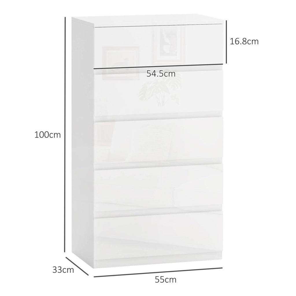 Cassettiera Moderna 5 Cassetti Antiribaltamento in Legno, 55x33x100 cm, Bianco Lucido