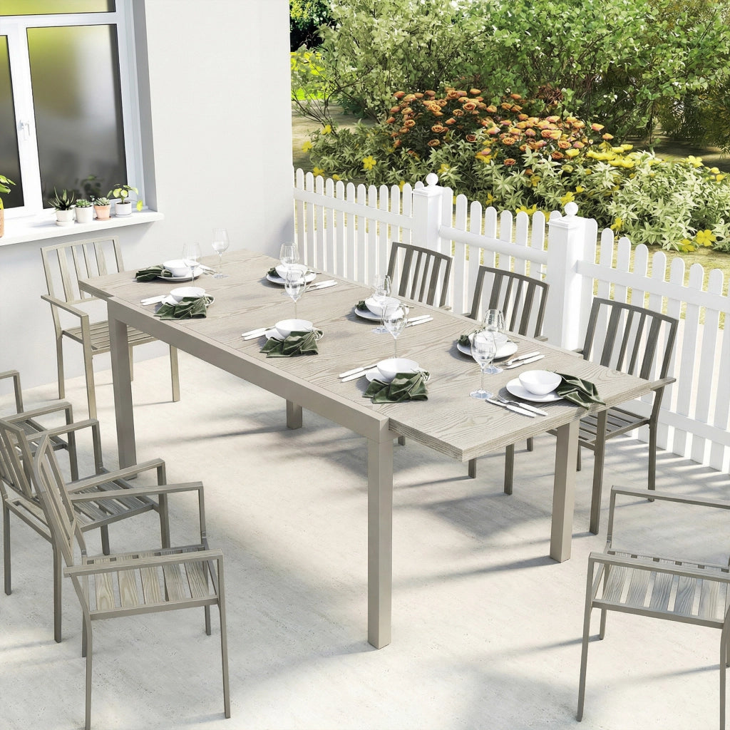 Tavolo da Giardino Allungabile per 8-10 Persone, in Alluminio e Acciaio, 154/214x85x75 cm, Grigio Chiaro