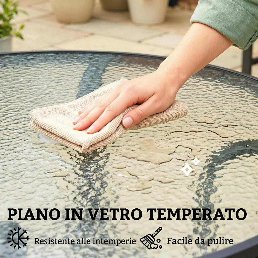 Tavolino da Giardino Rotondo con Foro per Ombrellone, in Metallo e Vetro Temperato, ?96.5x71 cm, Nero