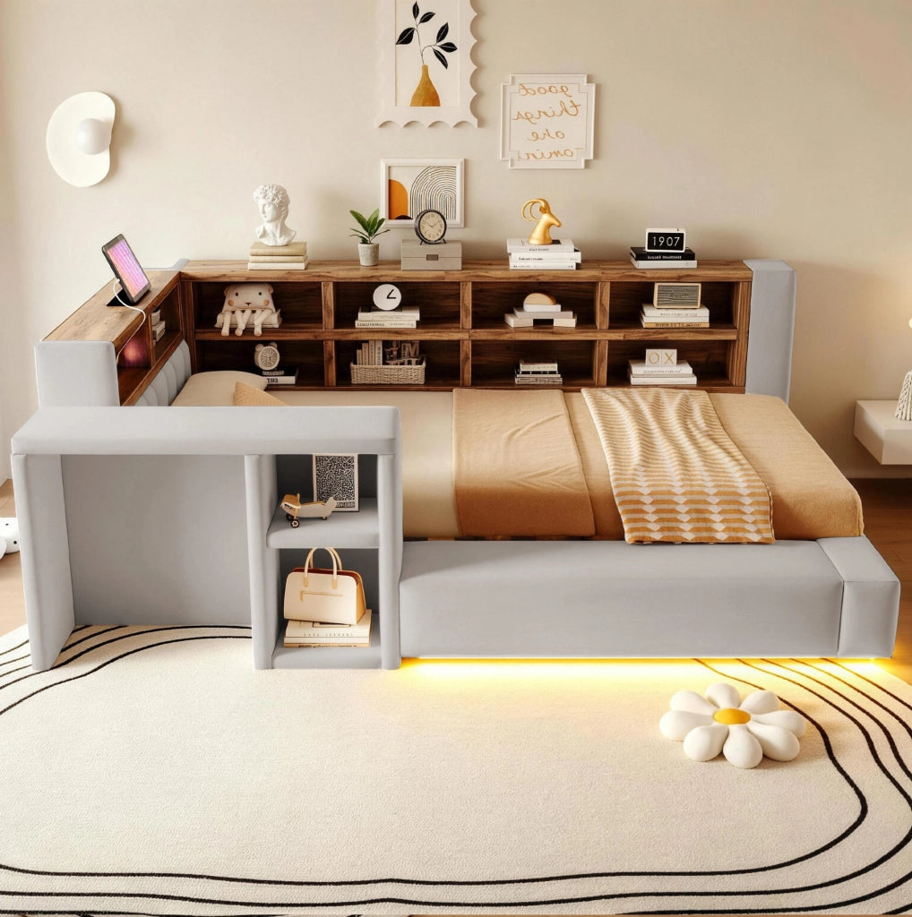 Letto singolo 90x200 cm con LED; prese integrate e ripiani in velluto grigio chiaro