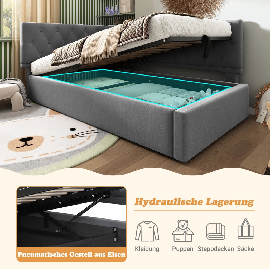 Letto imbottito singolo 90x200 cm in velluto grigio con contenitore idraulico e testiera reversibile