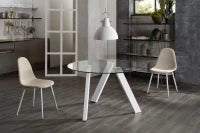 E-STYLO Tavolo fisso con top in vetro temperato e gambe in metallo bianco, 120cm X 120cm H. 75cm.