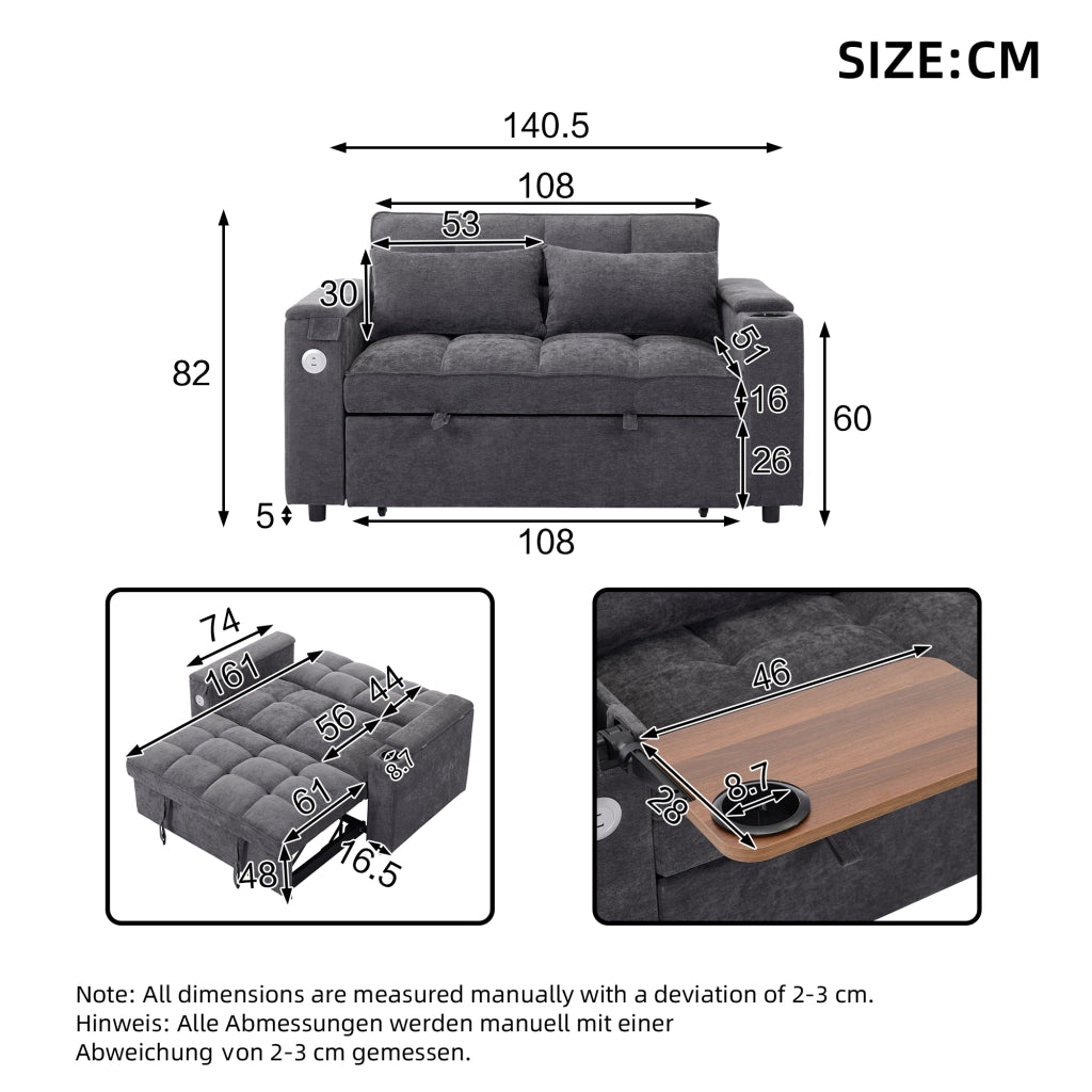 Divano letto 3 in 1 con schienale regolabile, porte USB e tipo C, portabicchieri e tavolino nascosto in tessuto grigio