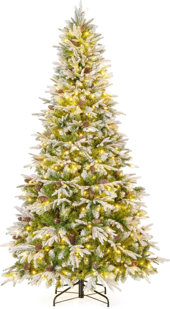 Albero di Natale Artificiale Pre-Luminoso 225 CM, Albero di Natale Innevato con 470 Luci LED Bianche Calde, 1135 Punte, 81 Pigne e Base Metallica (225 CM)