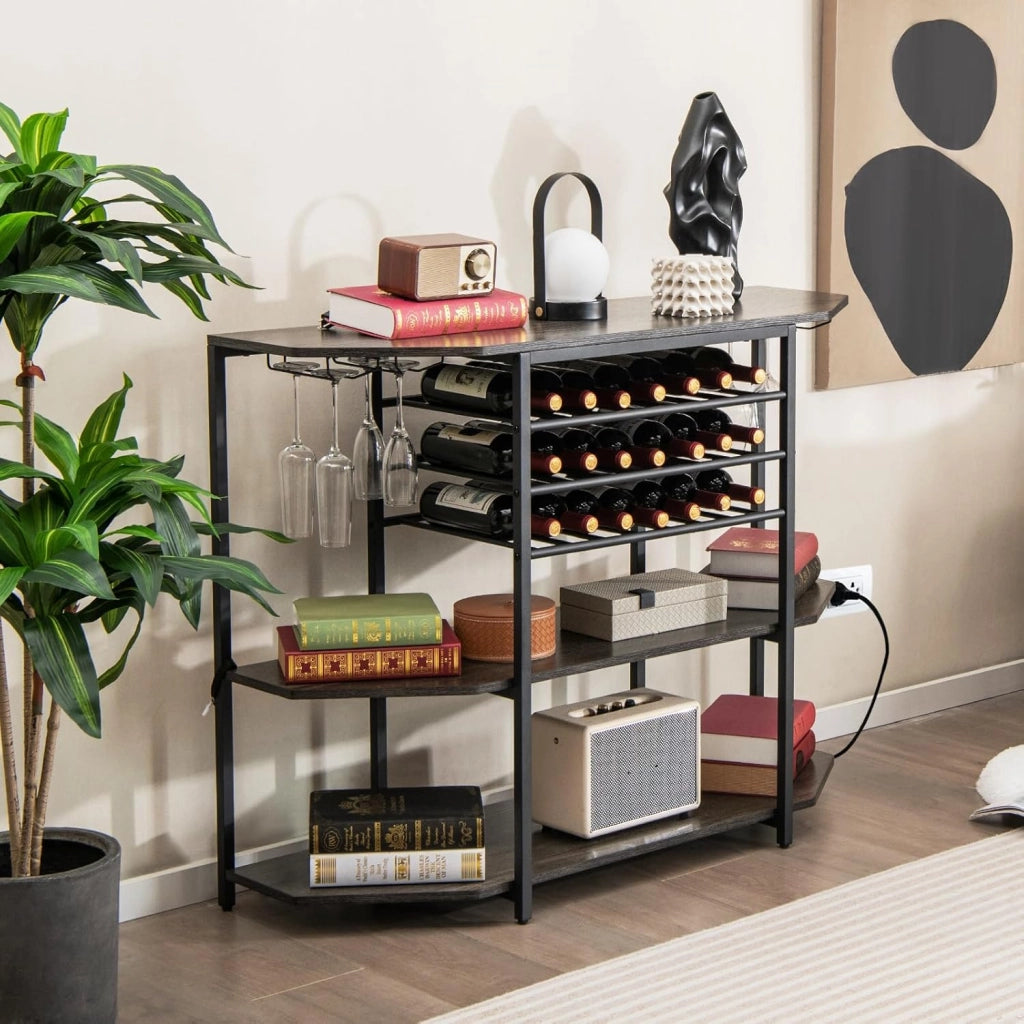 Mobiletto Portabottiglie da Vino a 3 Livelli, con Ripiani di Stoccaggio, Porta Bicchieri, Porta Bottiglie, Prolunghe Elettriche, per Soggiorno Cucina, Bar, 120 x 40 x 92 cm (Grigio Scuro)