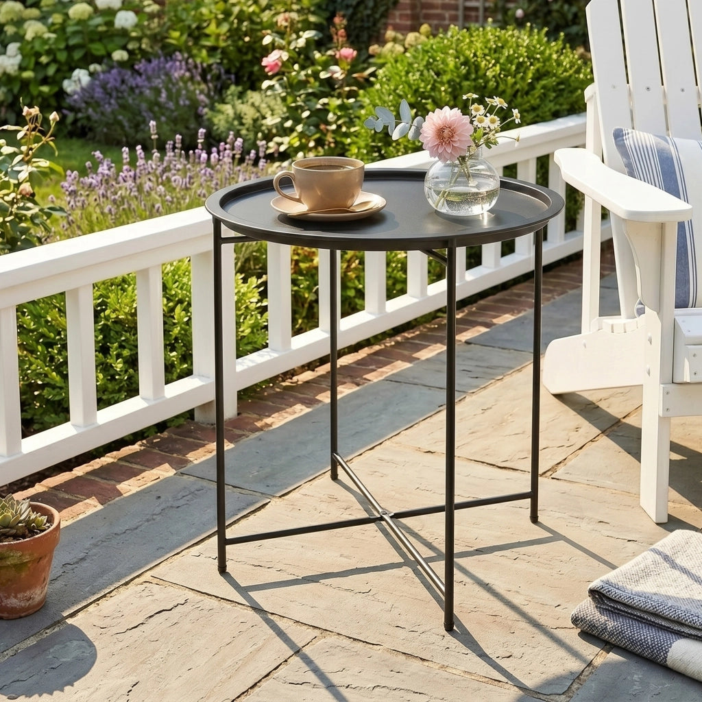Tavolino da Giardino con Vassoio Rimovibile e Gambe Pieghevoli in Acciaio, ?46x50 cm, Nero
