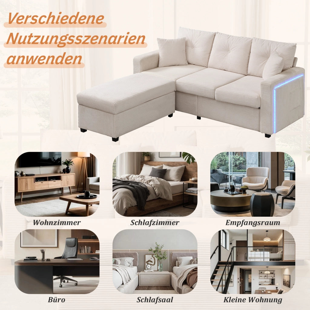 DIVANO Angolare LED con pouf 98x51 cm Beige in tessuto cord