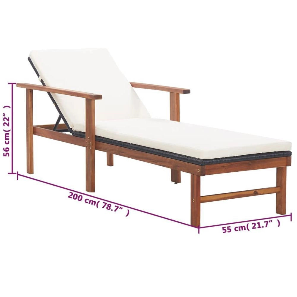 Sun Lounger With Cushion, Poly Rattan, Solid Acacia Wood, Black