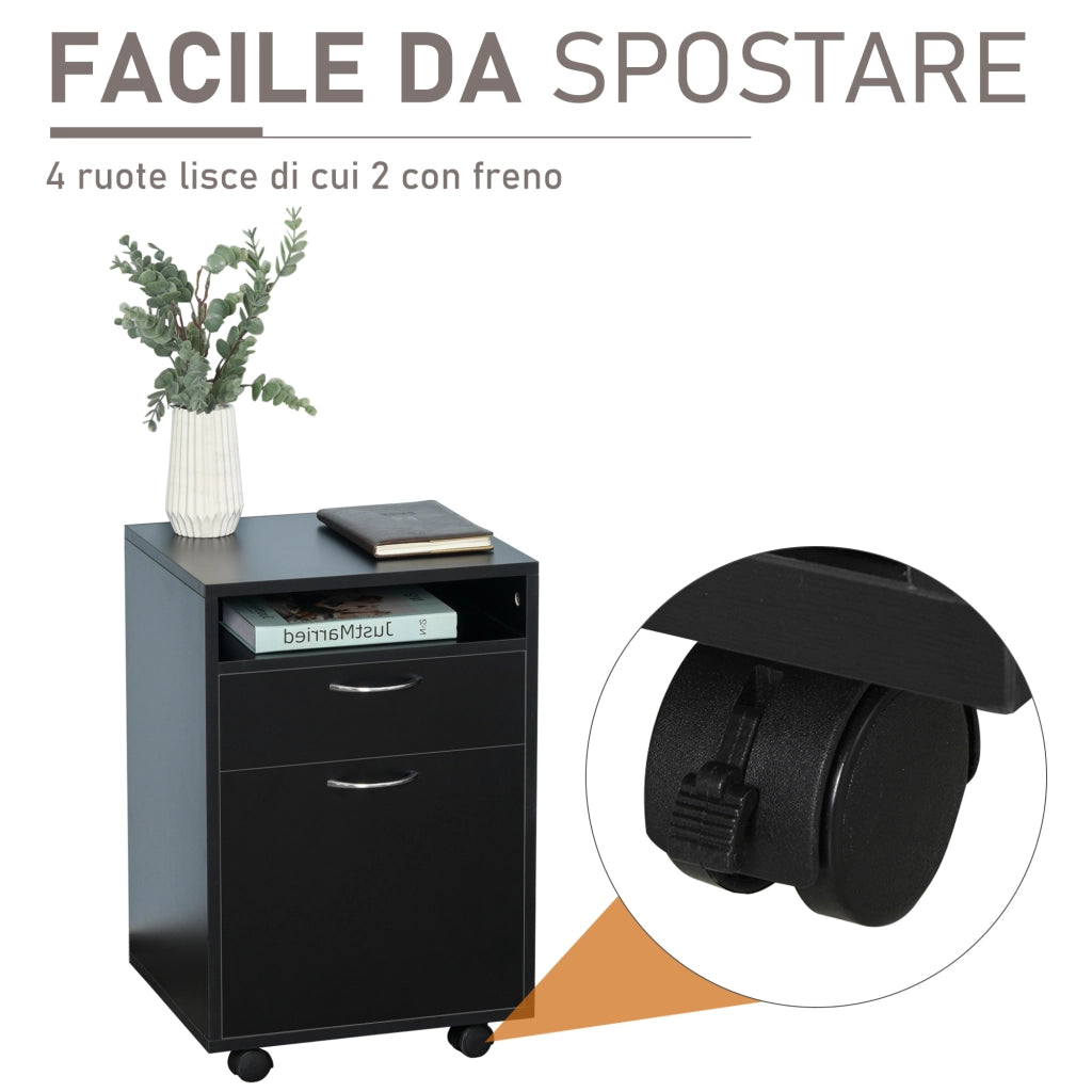 EasyComfort Schedario da Ufficio con Cassetto, Armadietto, Ruote a Freno e Ripiano Aperto, Cassettiera Ufficio per Lettera/Legale/Formato A4, Armadio Verticale per Studio, 40x35x60 cm, Nero