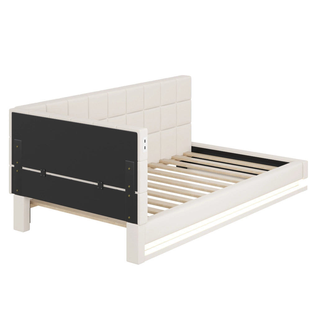 Divano letto imbottito 90x200 cm beige in lino con LED, USB e rete a doghe