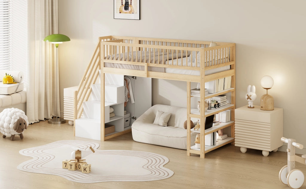 Letto a castello in legno massello naturale con recinzione alta funzione contenitiva 90x200 cm