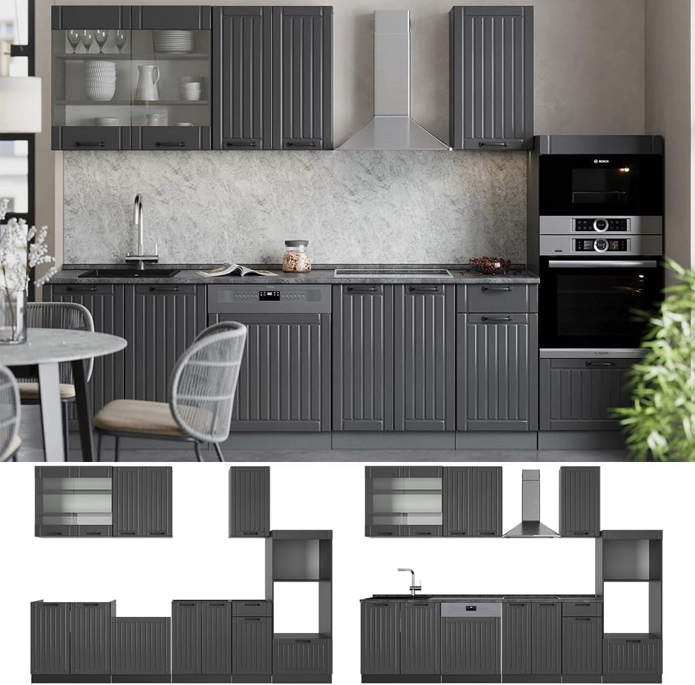 Cucina componibile Fame-Line, Grigio scuro, 300 cm con armadio alto, senza piano di lavoro