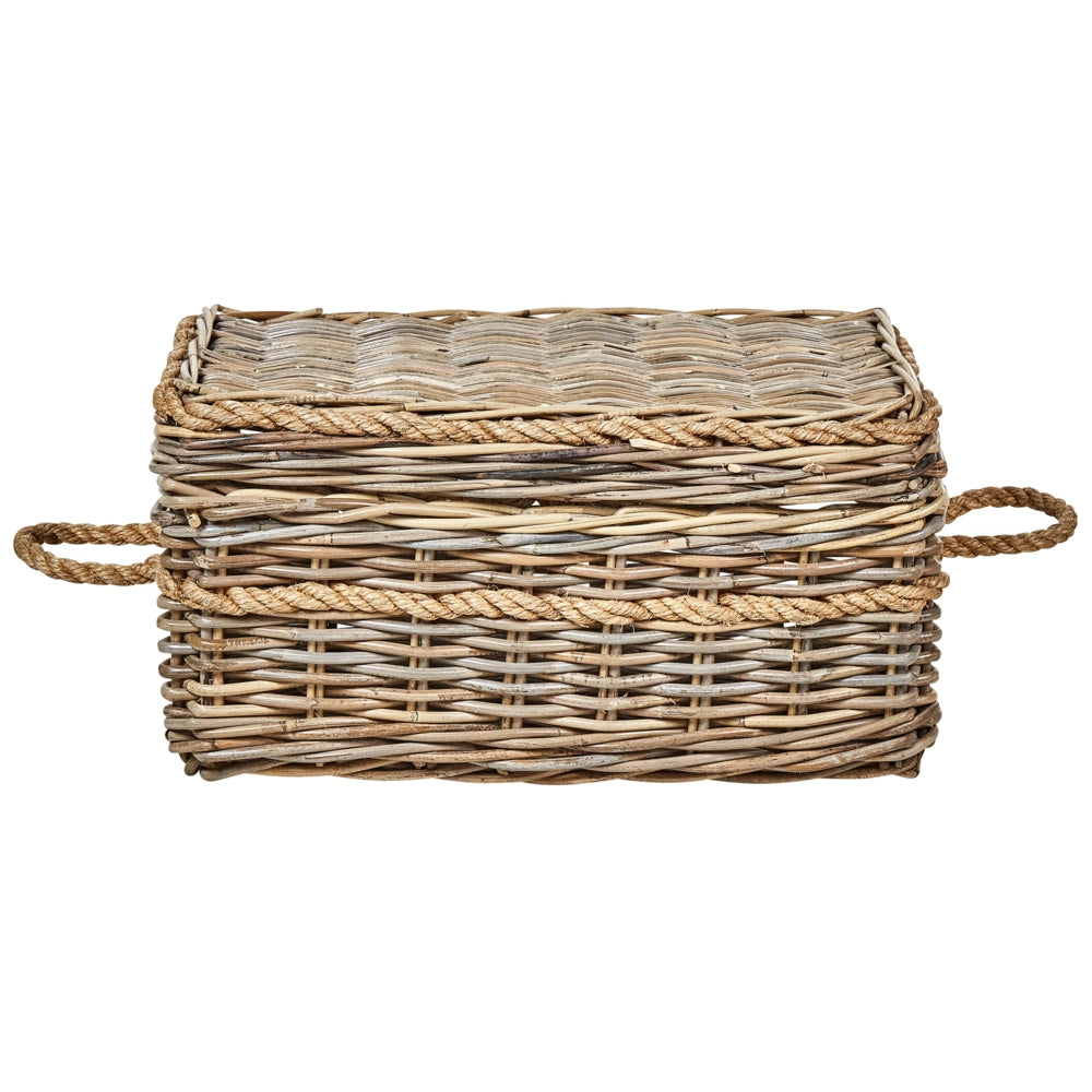 Set di 3 scatole in rattan con telaio in mogano, manici in corda e coperchi fatti a mano in stile boho soggiorno camera da letto
