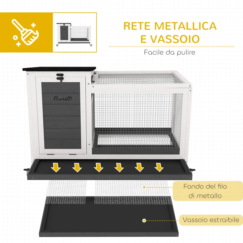 Conigliera 91x51x66 cm con Ruote in Legno di Abete Grigio Scuro e Bianco