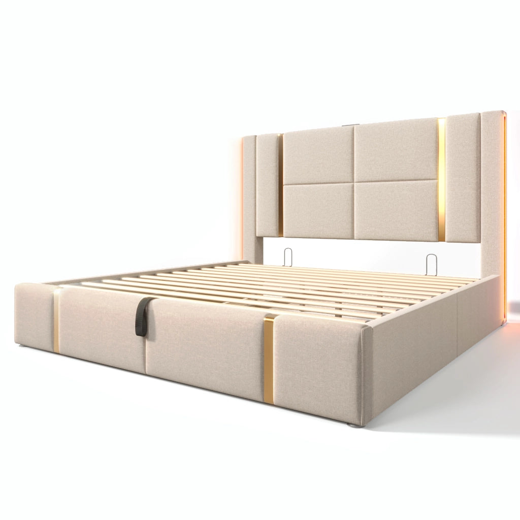 Letti contenitori 160x200 cm; rete contenitore con ricarica USB e LED; lino beige (Senza materasso)