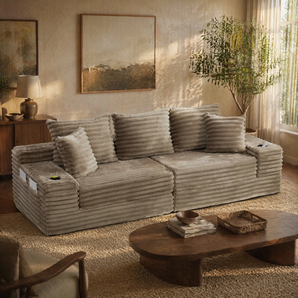 DIVANO LETTO componibile 273x98x87 cm in tessuto a coste Khaki