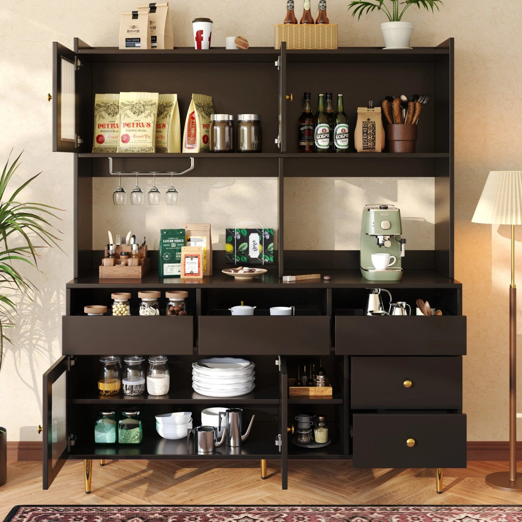 Credenza alta 145x39x171 cm con ante in vetro Changhong; portabottiglie e ripiani multipli in MDF nero